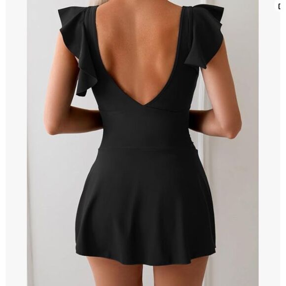 NEW AIDONGER Black Ruffle V-Neck One Piece Swim Dress Size L NWT Swimsuit - Picture 2 of 7